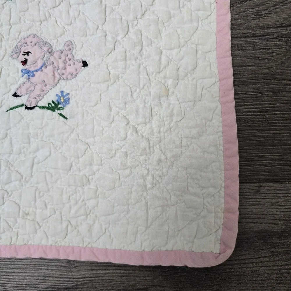Vtg Handmade Quilt Emroidery Baby Blanket Decor Lamb Flowers Pink Nursery